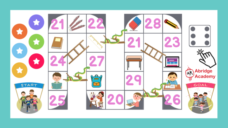Snakes and Ladders game for reviewing vocabulary, using the Abridge Academy curriculum