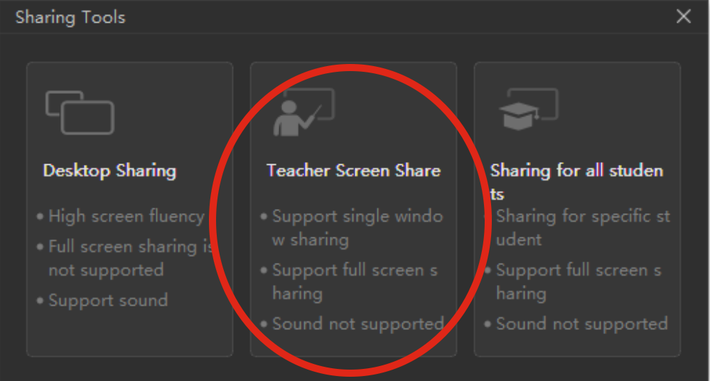 On PC: Select "teacher screen share"